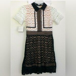 NWT!! Black White Crochet Lace Mini Dress Short Sleeve